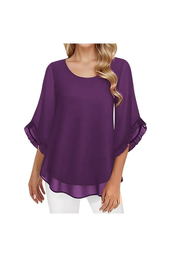 Women Three Quarter Sleeve Shirts Flowy Double Layers Chiffon Tops Ruffle Sleeves Crewneck Tshirts Tunic Purple,XL