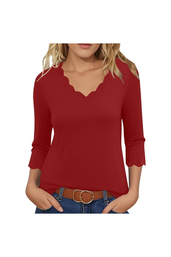 Women Tunic Shirts Raw Edge Scalloped Trim 3/4 Sleeve V Neck Tops Soft Comfy Base Layer Tee to wear with Coat Wine,L