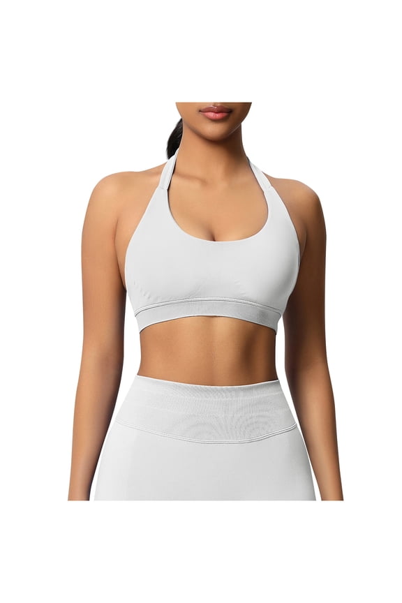 Women Workout Bras Seamless Low Back Halter Bra Stretch Gym Yoga Crop Tops with Padded White XXL
