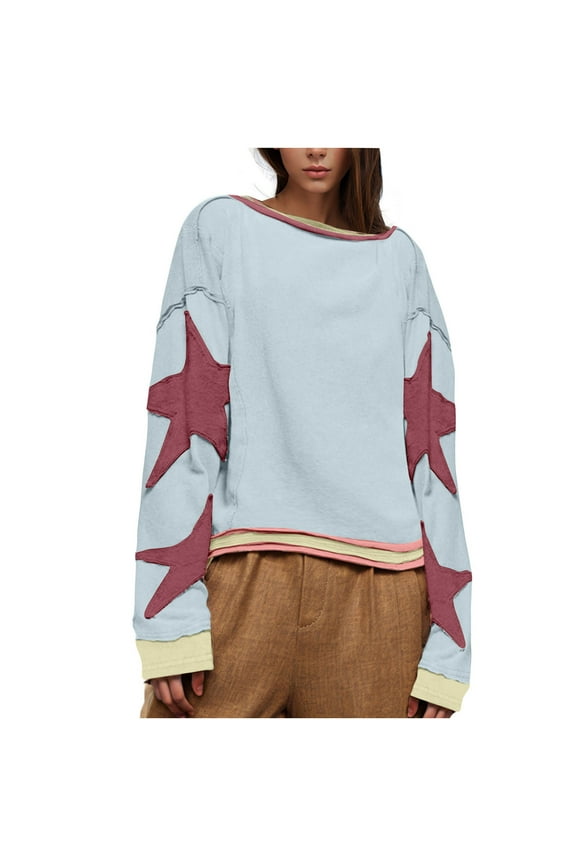 Women Y2K Sweatshirts Star Graphic Crew Neck Long Sleeve Casual Loose Pullover Top Light Blue XL