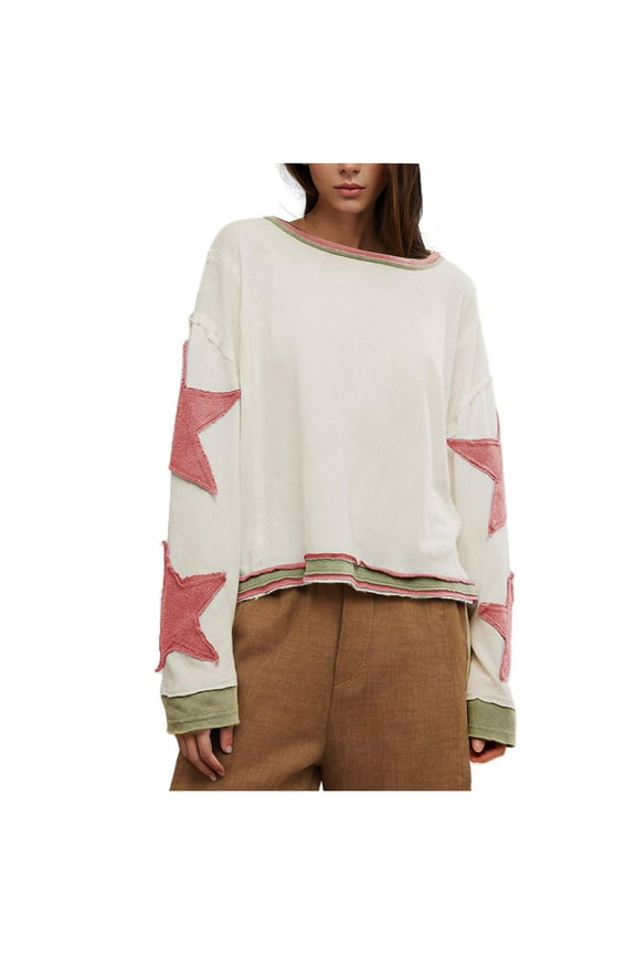 Women Y2K Sweatshirts Star Graphic Crew Neck Long Sleeve Casual Loose Pullover Top Pink L