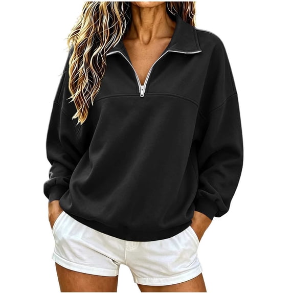 Htigea Women's 1/4 Zip Sweatshirts Collared Long Sleeve Pullover Fleece Lined Casual Loose Fit Tops Soft Comfy Fall Winter Clothes Black L