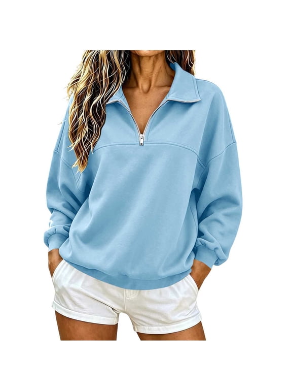 Women's 1/4 Zip Sweatshirts Collared Long Sleeve Pullover Fleece Lined Casual Loose Fit Tops Soft Comfy Fall Winter Clothes Light Blue M