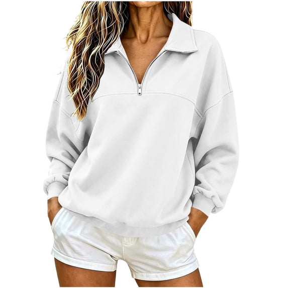 Htigea Women's 1/4 Zip Sweatshirts Collared Long Sleeve Pullover Fleece Lined Casual Loose Fit Tops Soft Comfy Fall Winter Clothes White S