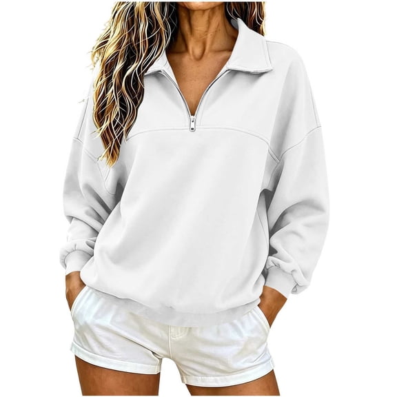 Htigea Women's 1/4 Zip Sweatshirts Collared Long Sleeve Pullover Fleece Lined Casual Loose Fit Tops Soft Comfy Fall Winter Clothes White S