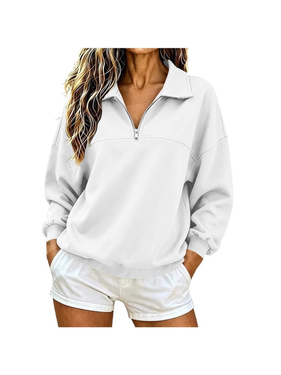 Women's 1/4 Zip Sweatshirts Collared Long Sleeve Pullover Fleece Lined Casual Loose Fit Tops Soft Comfy Fall Winter Clothes White XXL