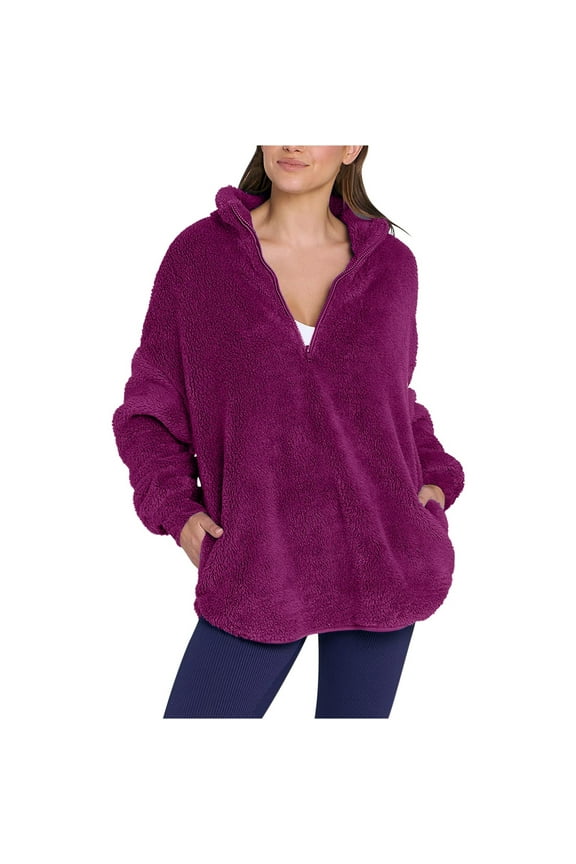 Women's 1/4 Zip Up Sweatshirts Sherpa Fuzzy Fleece Long Sleeve Pullover Soft Cozy Winter Tops with Pockets Hot Pink 2XL