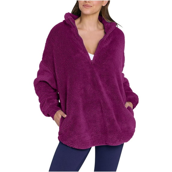 Htigea Women's 1/4 Zip Up Sweatshirts Sherpa Fuzzy Fleece Long Sleeve Pullover Soft Cozy Winter Tops with Pockets Hot Pink S