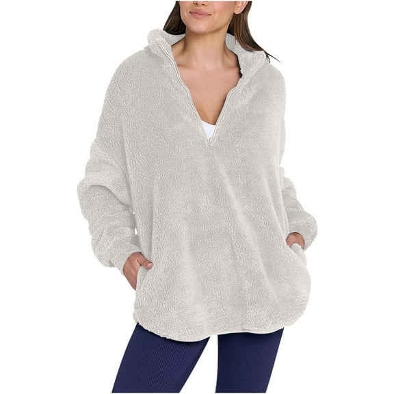 Htigea Women's 1/4 Zip Up Sweatshirts Sherpa Fuzzy Fleece Long Sleeve Pullover Soft Cozy Winter Tops with Pockets White M