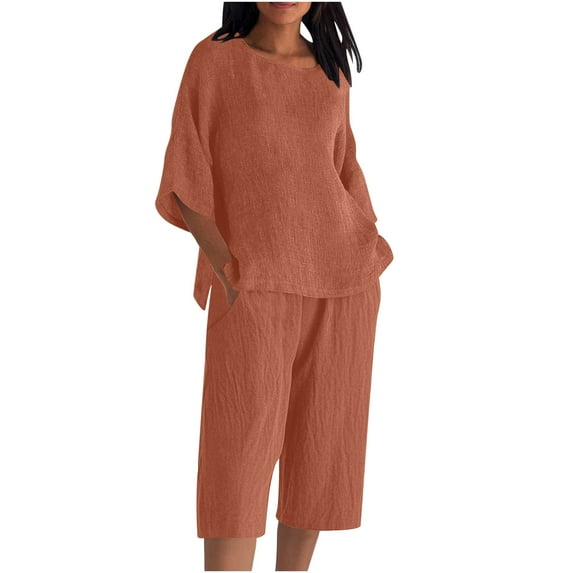Htigea Women's 2 Piece Sets Linen 3/4 Sleeve Shirt High Waist Capri Pants with Pockets Casual Outfits Summer Wear Gold XXL