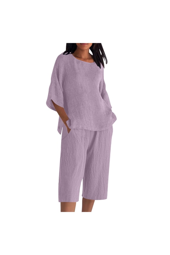 Women's 2 Piece Sets Linen 3/4 Sleeve Shirt High Waist Capri Pants with Pockets Casual Outfits Summer Wear Purple L