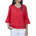 thumbnail image 1 of Htigea Women's 3/4 Flared Sleeve Linen Shirts Casual V-Neck Tops Loose Fit Breathable Vacation Tees Red XL, 1 of 5