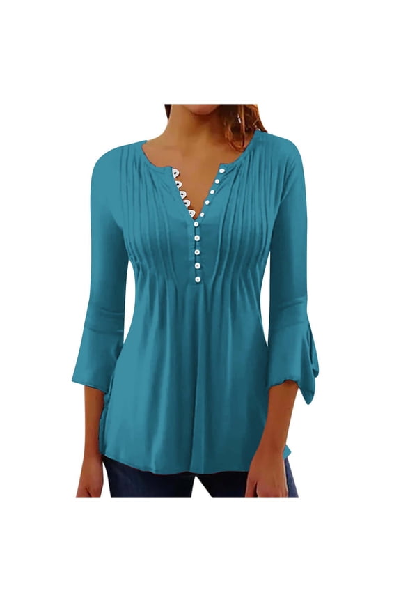 Women's 3/4 Flared Sleeve Tshirts Pleated V Neck Button Down Top Solid Color Casual Tee Tunic Blouse Blue,S