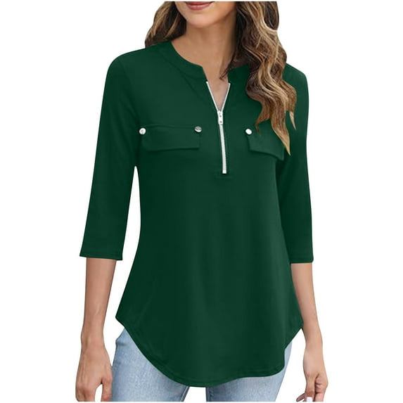 Htigea Women's 3/4 Length Sleeve Shirts 1/4 Zip V Neck Tunic Top Dressy Business Work Blouse Green,M