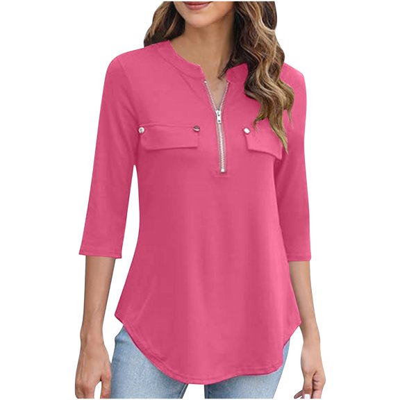 Htigea Women's 3/4 Length Sleeve Shirts 1/4 Zip V Neck Tunic Top Dressy Business Work Blouse Pink,L