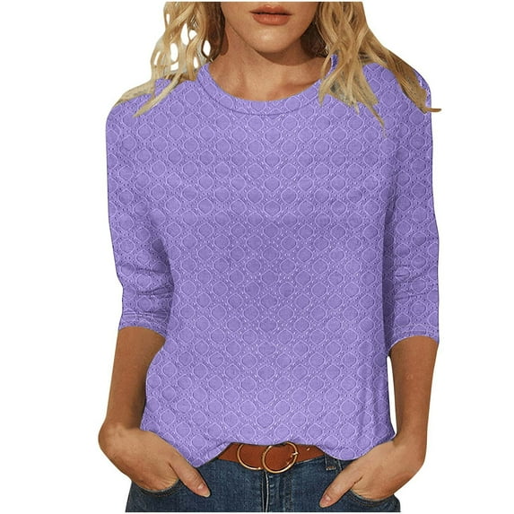 Htigea Women's 3/4 Length Sleeve Shirts Casual Crew Neck Pullover Tee Eyelet Tops Solid Color Summer T-Shirt Purple,XL