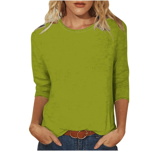 Htigea Women's 3/4 Length Sleeve T-Shirts Summer Crewneck Pullover Top Plain Basic Tunic Tee Lightweight Home Work Blouse Green,S