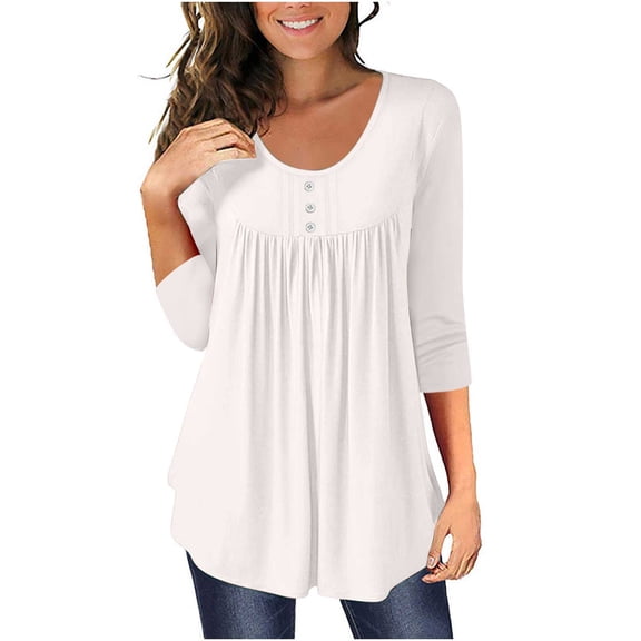 Htigea Women's 3/4 Length Sleeve Top Pleated Crewneck T-Shirts Flowy Tunic Blouse Casual Loose Fit Tees White,XL