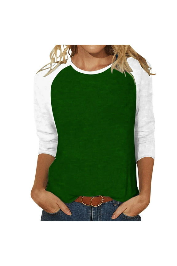 Women's 3/4 Raglan Sleeve Shirts Casual Crewneck Tees Patchwork Baseball Sport T Shirt Tops Army Green,XL