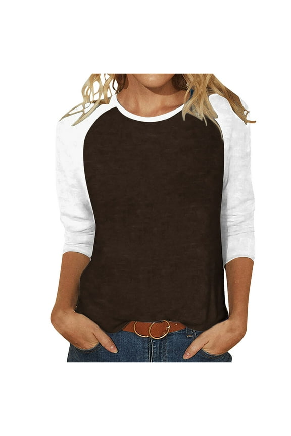 Women's 3/4 Raglan Sleeve Shirts Casual Crewneck Tees Patchwork Baseball Sport T Shirt Tops Brown,S