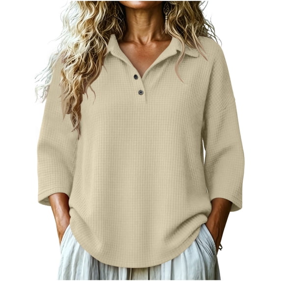 Htigea Women's 3/4 Sleeve Collared Blouse Dressy Casual Button Down V-Neck Tops Solid Color Work Office Daily Shirts Khaki XXL