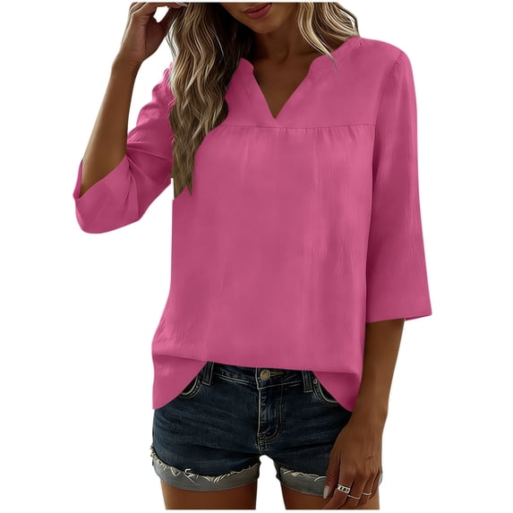 Htigea Women's 3/4 Sleeve Cotton Linen T Shirts Solid Color V-Neck Front Pleated Tees Summer Casual Daily Tops Pink S