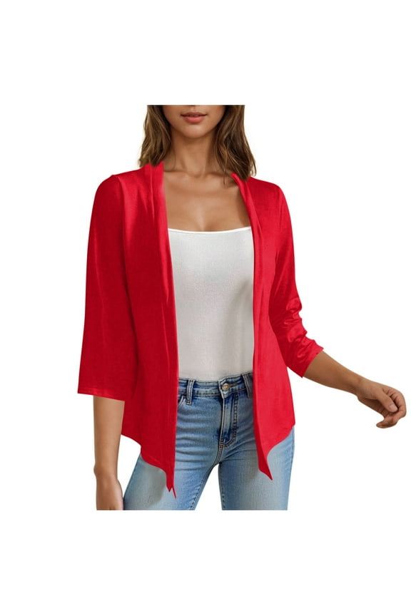 Women's 3/4 Sleeve Open Front Cardigan Casual Loose Lightweight Cardigans with Pockets Red 2XL