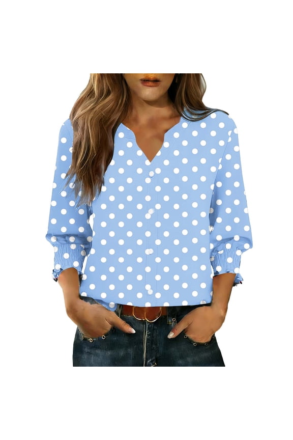 Women's 3/4 Sleeve Polka Dots Shirts Boho Trendy Smocked Cuffs V-Neck Tops Casual Dressy Button Down Beach Vacation Tees Light Blue S