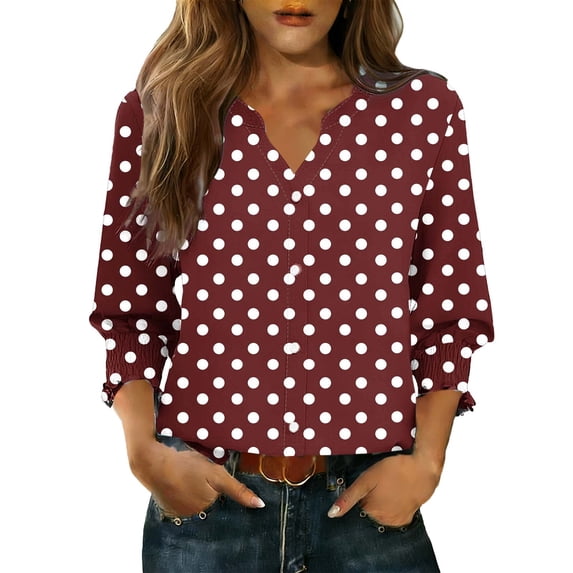 Htigea Women's 3/4 Sleeve Polka Dots Shirts Boho Trendy Smocked Cuffs V-Neck Tops Casual Dressy Button Down Beach Vacation Tees Wine XXL