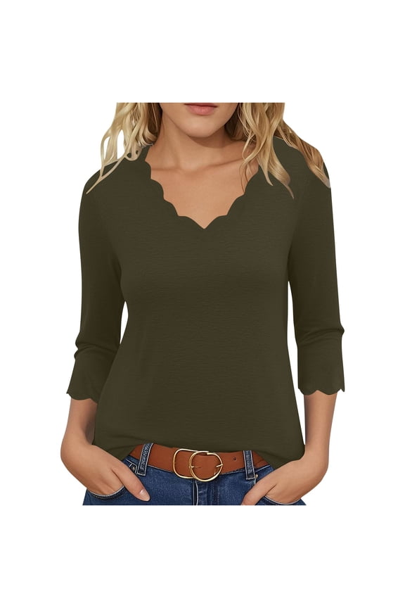Women's 3/4 Sleeve Shirts Scalloped Trim V Neck Tunic Tops Elegant Blouses Soft Cozy Everyday Tee Z_Brown,XL
