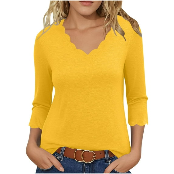 Htigea Women's 3/4 Sleeve Shirts Scalloped Trim V Neck Tunic Tops Elegant Blouses Soft Cozy Everyday Tee Z_Yellow,M