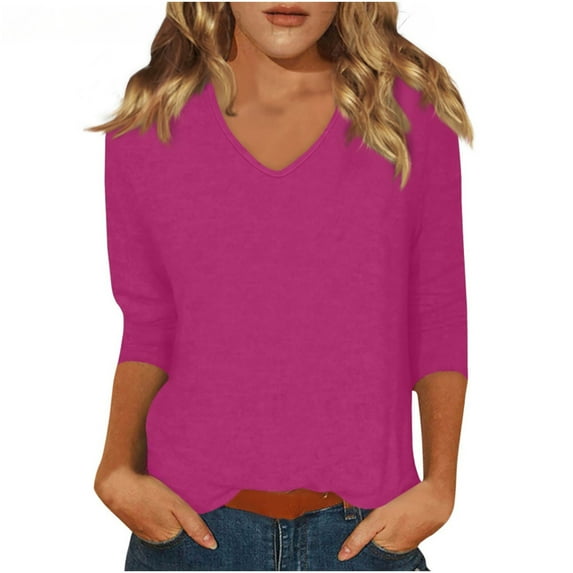 Htigea Women's 3/4 Sleeve Shirts Summer V-Neck Tunic Tops Solid Color Bracelet Sleeves Blouses Hot Pink,L