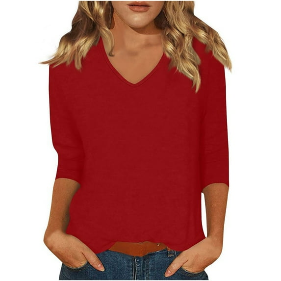 Htigea Women's 3/4 Sleeve Shirts Summer V-Neck Tunic Tops Solid Color Bracelet Sleeves Blouses Red,S