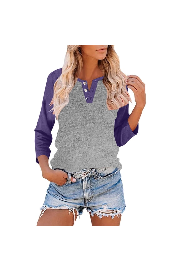 Women's 3/4 Sleeve Shirts Tops Raglan V Neck Button Down Tees Tunic Casual Comfy Daily T-Shirts Purple,L