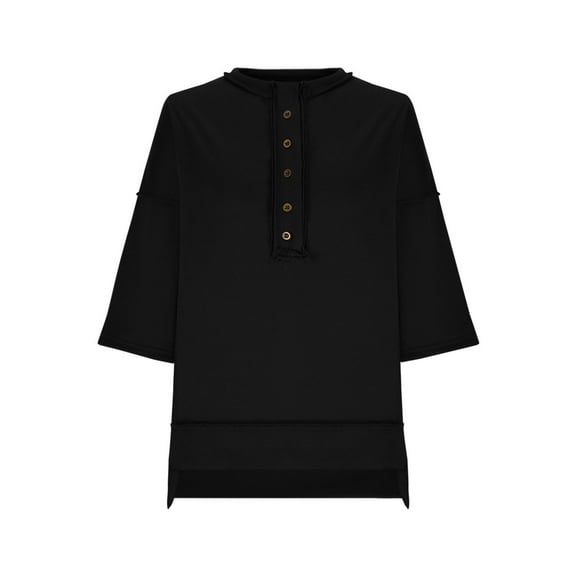 Htigea Women's 3/4 Sleeve Sweatshirts Oversized Drop Shoulder Henley Shirts Casual Loose Fit Pullover Tops Tunic Tees Black,L