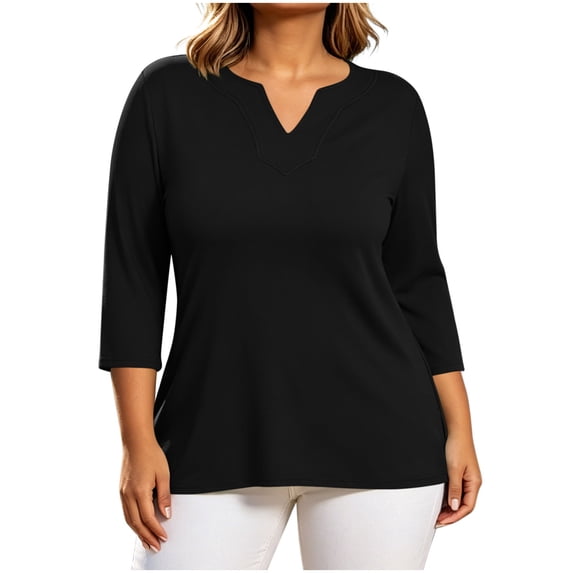 Htigea Women's 3/4 Sleeve Tops Trendy Notch V Neck Tunic Blouse Solid Color Casual Comfy Everyday T Shirts Black XXL