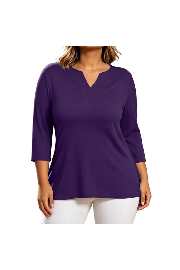 Women's 3/4 Sleeve Tops Trendy Notch V Neck Tunic Blouse Solid Color Casual Comfy Everyday T Shirts Purple XL