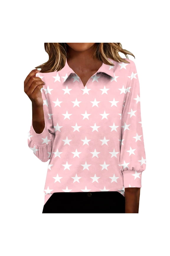 Women's 3/4 Sleeve Tunic Tops Star Print T-Shirts Collared V-Neck Bracelet Sleeves Tees Dressy Business Work Blouse Pink S