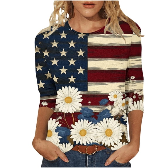Htigea Women's American Flag & Flower Shirts 3/4 Sleeve Crewneck Pullover Tops 4th of July 250th Anniversary Tshirts Summer Wear 04 Multicolor XXXXL