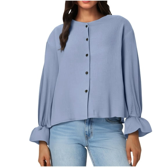 Htigea Women's Babydoll Shirts Cute Crew Neck Flare Long Sleeve Casual Loose Fit Tops Button Down Fall Shirts Blue XL