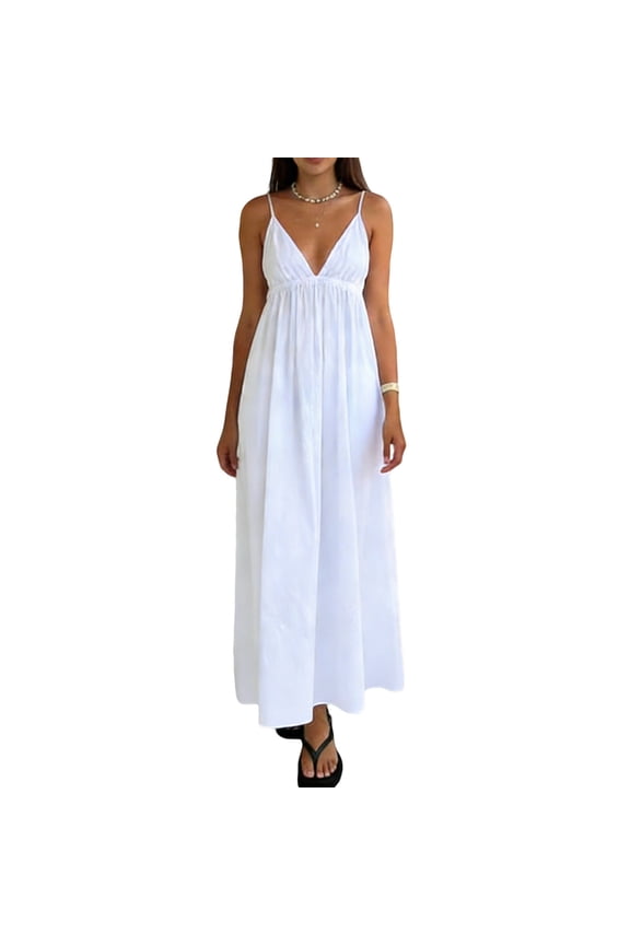 Women’s Backless Maxi Beach Dress Spaghetti Straps Deep V Neck Sleeveless Vacation Party Dresses Summer Sundress White XS