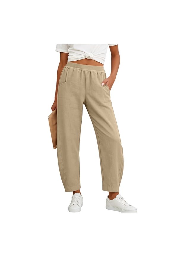 Women's Barrel Pants Half Elastic Waist Cropped Pant Summer Faux Cotton Linen Casual Pants with Pockets Khaki S