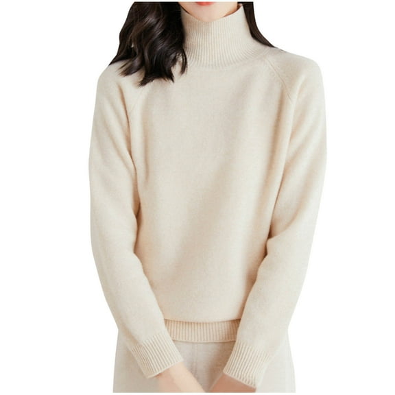Htigea Women's Base Layer Sweaters Solid High Neck Long Sleeve Jumper Soft Cozy Pullover Tops Beige M