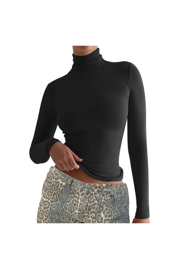 Women's Base Layer Tops Basic Turtleneck Long Sleeve Stretch Slim Fit Everyday Pullover Shirts Black 2XL