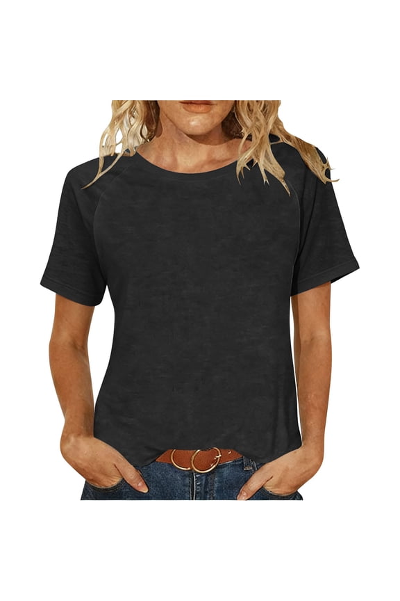 Women's Basic Tee Raglan Short Sleeve Crewneck T-Shirts Plus Size Tunic Tops Soft Comfy Summer Casual T Shirts Black L