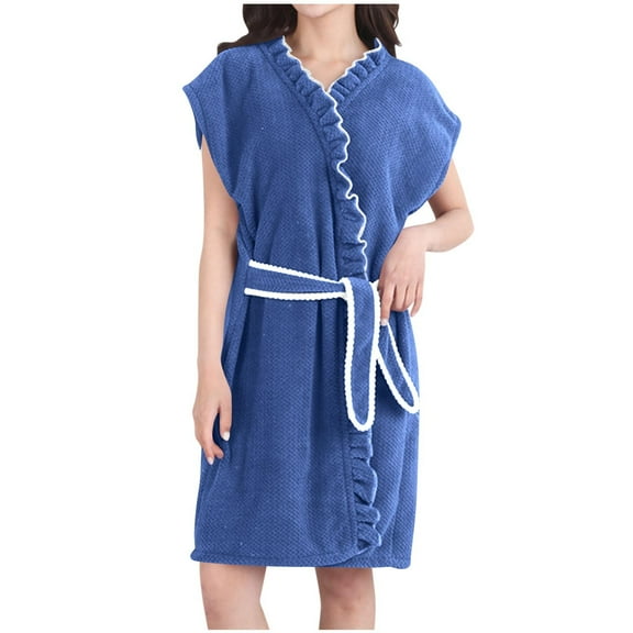 Htigea Women's Bath Robes Cute Ruffle Lace Up Shower Robe Terry Cloth Absorbent Wrap Towel Loungewear Blue,Free Size