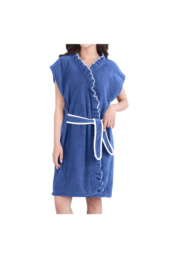 Women's Bath Robes Cute Ruffle Lace Up Shower Robe Terry Cloth Absorbent Wrap Towel Loungewear Blue,Free Size