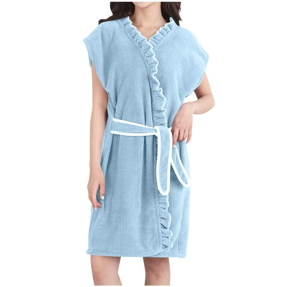 Htigea Women's Bath Robes Cute Ruffle Lace Up Shower Robe Terry Cloth Absorbent Wrap Towel Loungewear Light Blue,Free Size