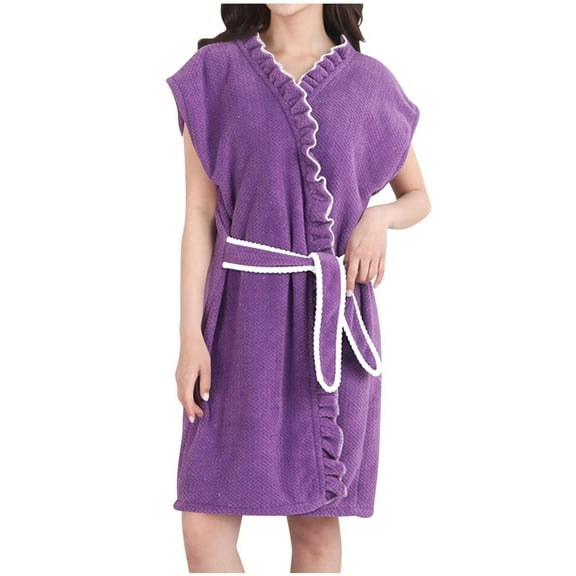 Htigea Women's Bath Robes Cute Ruffle Lace Up Shower Robe Terry Cloth Absorbent Wrap Towel Loungewear Purple,Free Size