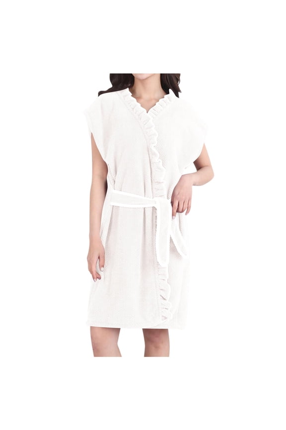 Women's Bath Robes Cute Ruffle Lace Up Shower Robe Terry Cloth Absorbent Wrap Towel Loungewear White,Free Size